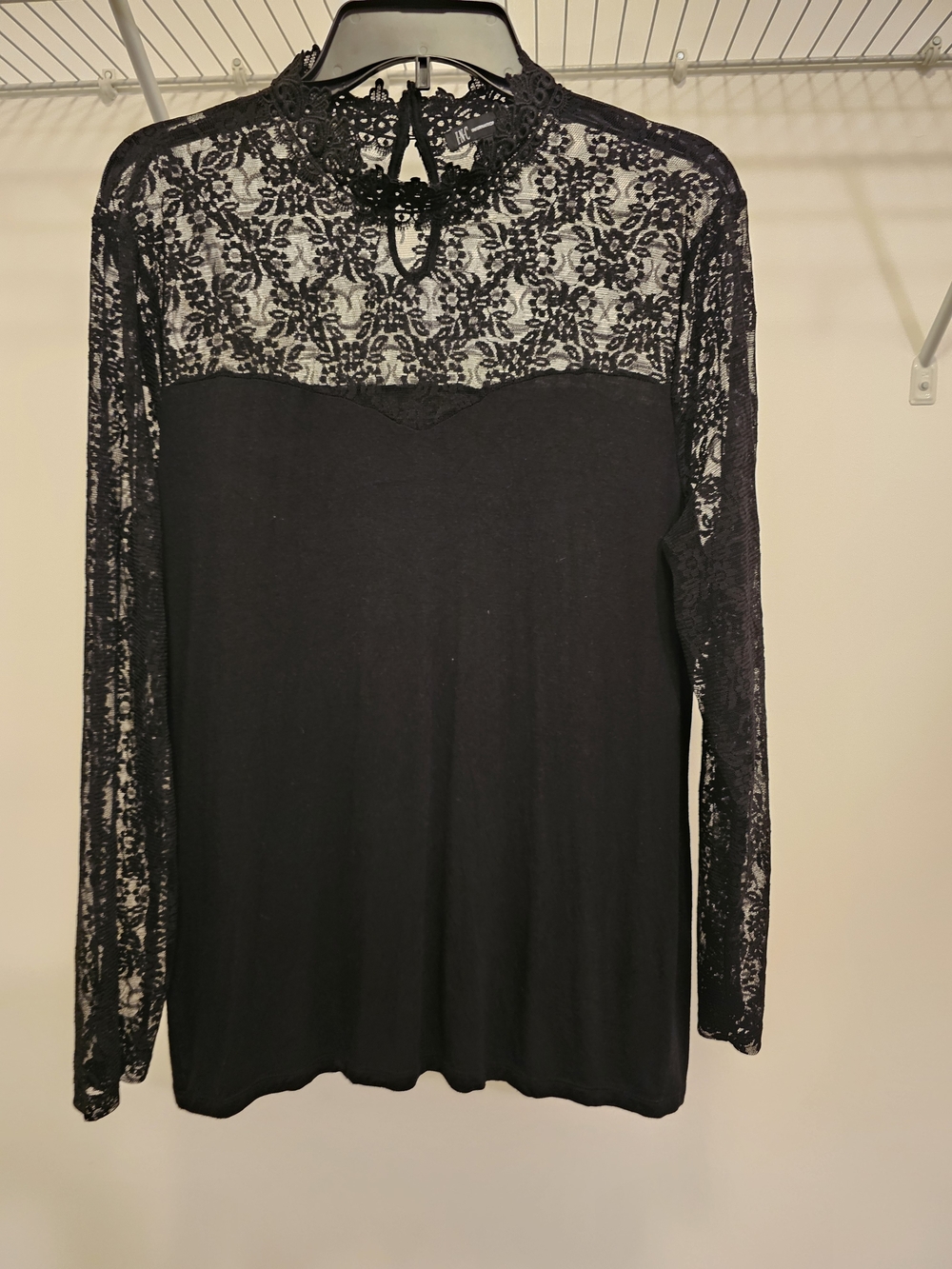 Black Lace Yoke Long-Sleeve Top by INC